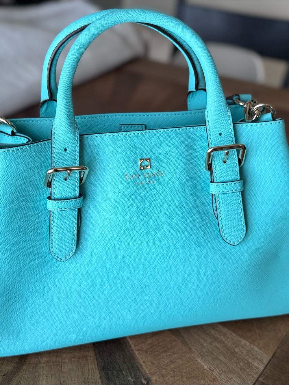 kate spade Turquoise Saffiano Leather Satchel with Gold Hardware